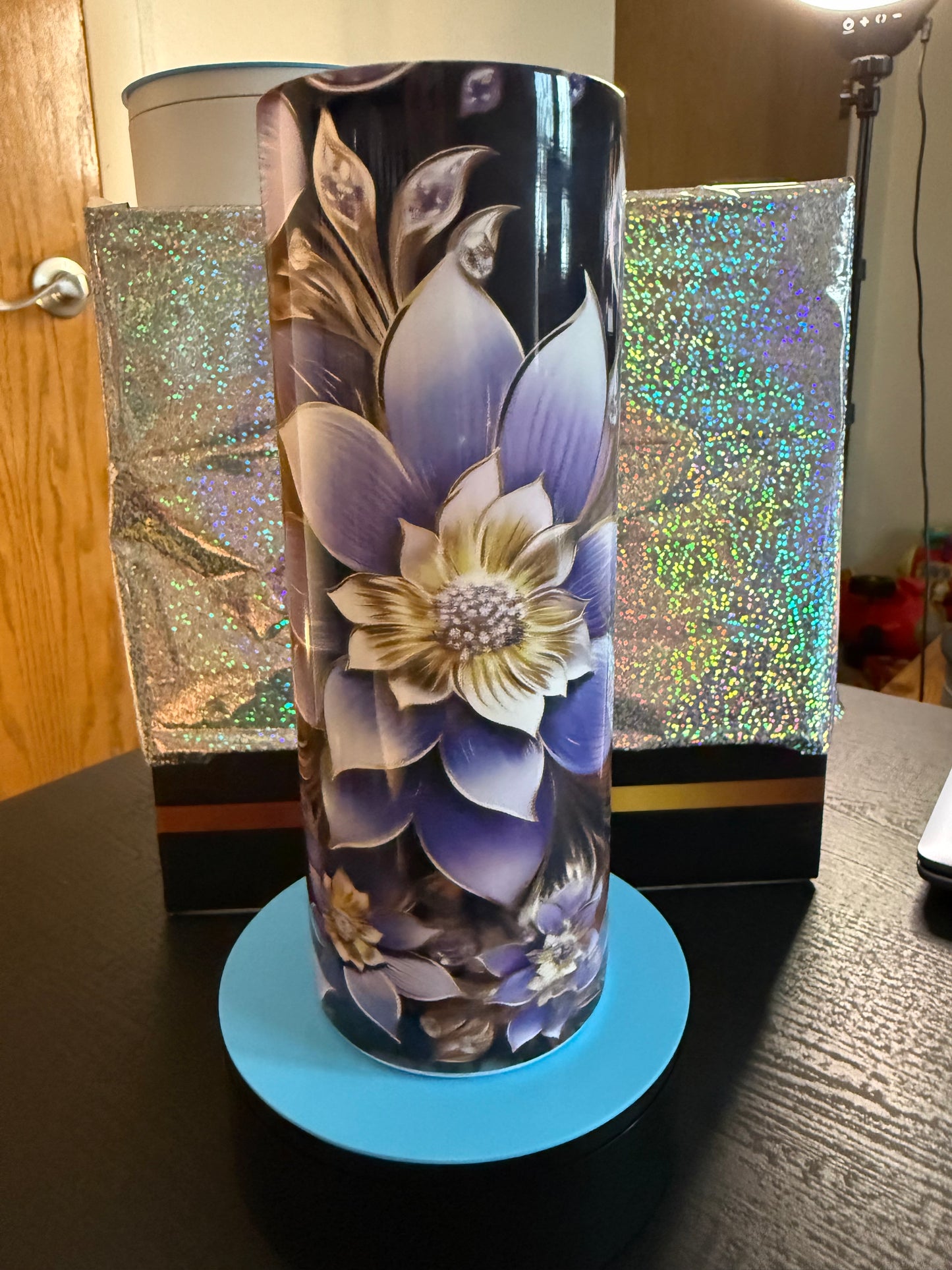 Purple, gold flower tumbler